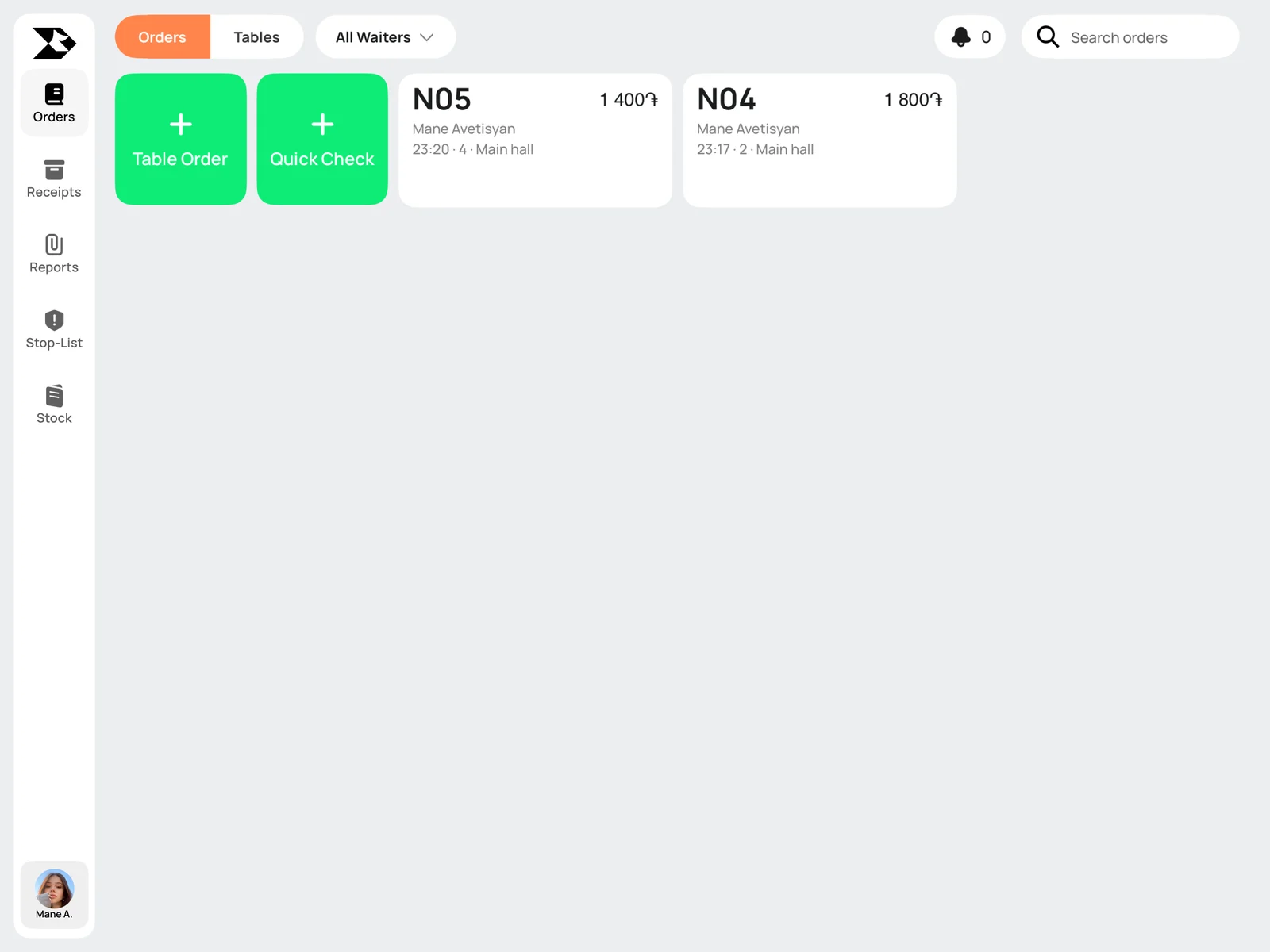 Rive Terminal orders list with Table Order, Quick Check and open orders N05 and N04