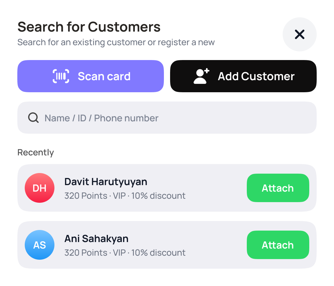 Rive customer search and loyalty interface