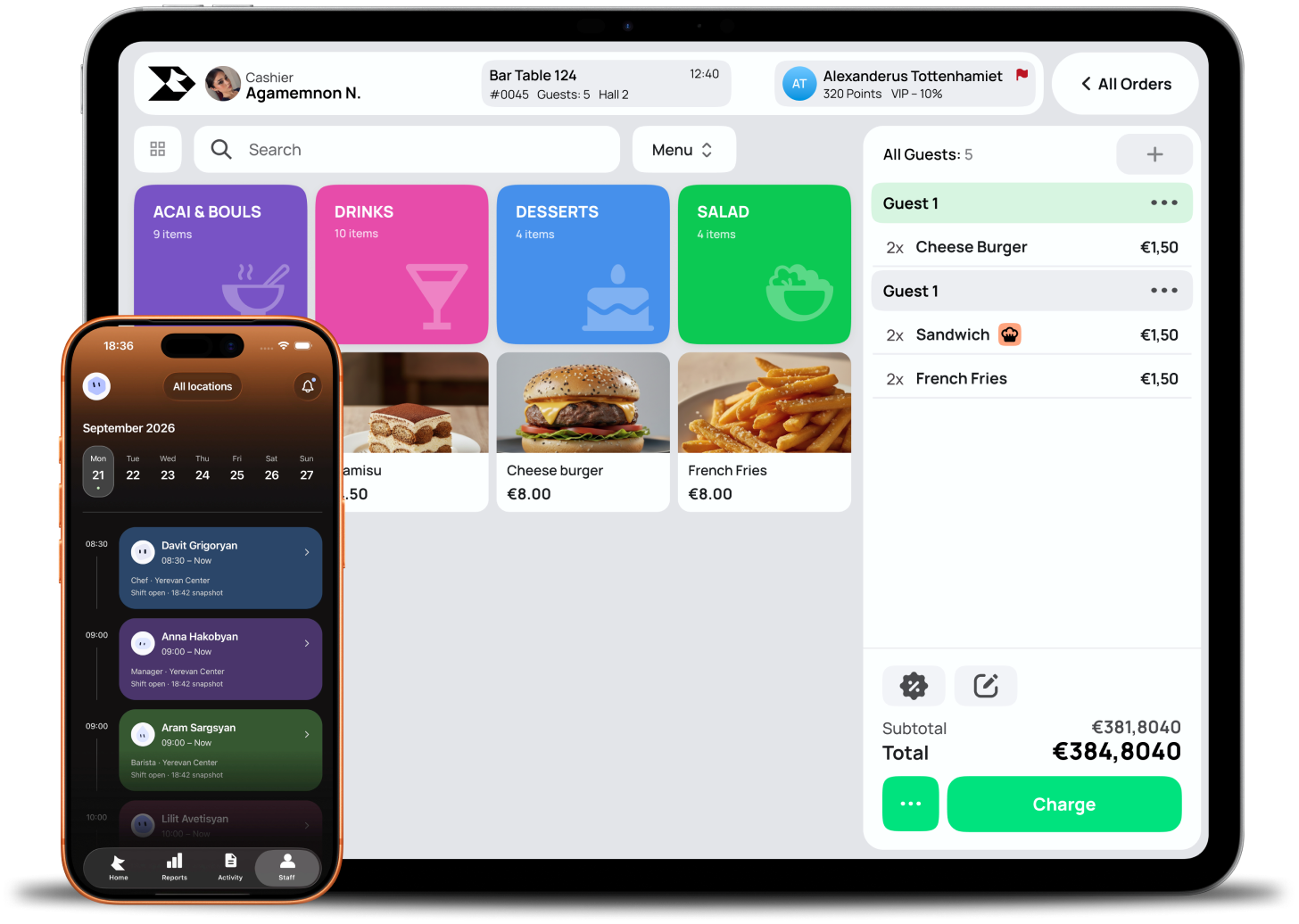 Rive POS on an iPad and the Rive staff app on a phone