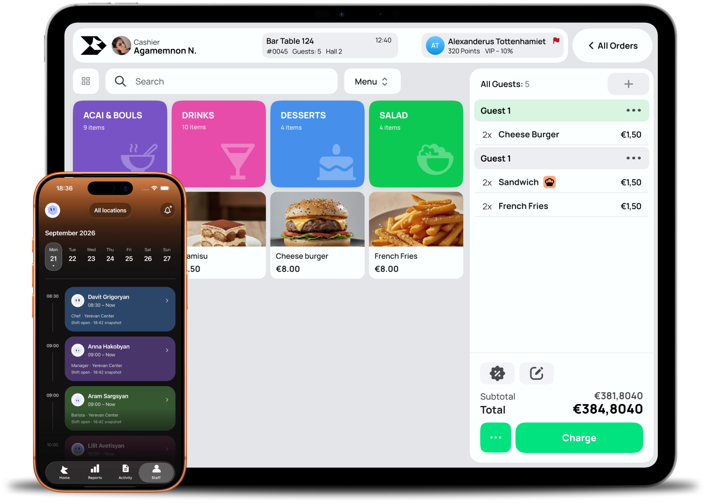 Rive POS on an iPad and the Rive staff app on an iPhone